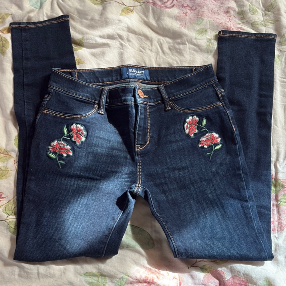 Old Navy Blue Skinny Jeans with Floral Embroidery